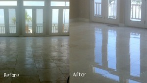 Damaged floor after hurricane completely restored to shiny polish by Escarosa cleaning services